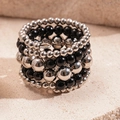 Multilayer beaded open ring featuring silver and black polished beads in a stacked design - Five-Layer Beaded Style / Black