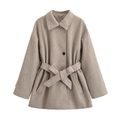 Women's oatmeal wool coat with lapel collar and matching waist belt in a minimalist style - XS / Apricot