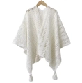 White knit bohemian shawl with hollow crochet floral patterns and tassel hem detail - Hollow Out Crochet / White