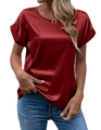 Detail of round neckline and rolled cuffs on a deep red satin short sleeve T-shirt - S / Burgundy
