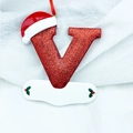 Sparkly red glitter Christmas letter V ornament with Santa hat and name tag - Letter V