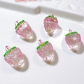 Five pieces of pink acrylic strawberry pendants with green leaves for DIY crafts - Pink Strawberry