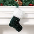 Dark green sequin Christmas stocking with white plush cuff and hanging loop decor - Small Green Sequin Stocking