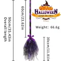 Detailed size specifications for a purple Halloween LED witch broom with 90cm total length - Purple Spider Web Broom (With Bow and Ribbon)