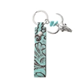 Western style brown leather keychain with turquoise beads and silver steer skull charm - Cow Skull / Teal Leather