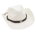 Detailed macro view of white woven cowboy hat with bull head metal emblem and leather band - One Size / White
