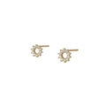 Elegant gold sunflower stud earrings with sparkling pavé cubic zirconia on white background - Sunflower Zirconia Studs / Gold