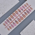French almond press-on nails with pink bow, lace patterns, and glitter rhinestones - Lace Bow and Plaid Style (WY-044) / 24 Pieces Strip Pack