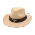 Chapeau de cowboy classique en feutre de laine beige avec ornement de tête de taureau - Taille unique / Beige