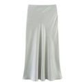 Vue détaillée de la texture de la jupe midi en satin gris argenté au fini soyeux - Vert Gris