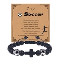 Matte black stone soccer bracelet with cross bead and silver football on paper card - Soccer Bracelet-5-Woven (Woven Rope + Cross + Silver Soccer Bead)