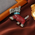 Retro Scottish Terrier brooch with red rhinestones and gold-tone finish on silk fabric - Red Scottish Terrier Brooch