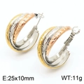 Close-up of tricolor interlocking hoop earrings with engraved vine floral patterns - Vine Floral Carving Style (KE109356-LO)