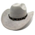 Detail of gray suede cowboy hat featuring bull head metal buckle and black leather band - M (56-58cm) / Light Gray