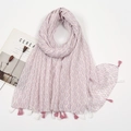 Detailed view of white scarf with pink leaf patterns and soft fringe trim on white background - White Base Pink Leaf Blue Dot Style (XB1012)