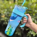 40oz stainless steel insulated tumbler with ocean whale patterns and turquoise handle - 1250ml / Green Plant Whale