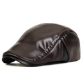 Men's dark brown PU leather winter ivy cap with ear protection and拼接 stitched panels - Coffee