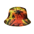 Tropical sunset gradient bucket hat with black coconut tree prints for women's sun protection - Sunset Palm Tree Print