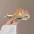 Elegant gold flower hair clip featuring pink enamel petals and a center pearl detail - Pink Gradient Peony Flower Hair Clip