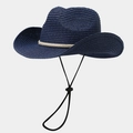 Dark blue woven straw cowboy hat with adjustable wind cord for summer beach sun protection - One Size / Navy Blue