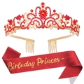 Birthday Princess set with a gold tiara featuring red rhinestones and a red fabric sash - Red Zirconia Set