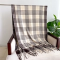 Detail of beige and brown checkered scarf with tassels draped on a modern chair - Beige & Brown Plaid Type 3 (WT135-5)