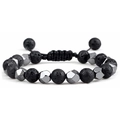 Handmade woven bracelet with natural black lava rock beads and faceted hematite accents - Lava Stone (Style 2) & Hematite