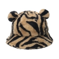 Detailed view of the tiger print plush bucket hat with cute bear ears and soft texture - Khaki Zebra Stripe