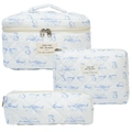 Three-piece quilted cotton cosmetic bag set in white with cute blue cat print patterns - Blue Cat on White