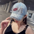Women's light blue denim baseball cap with LOVE rhinestone lettering and a red lip pattern - LOVE Rhinestone / Light Blue