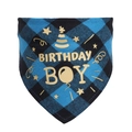 Close-up of blue plaid dog birthday bandana featuring golden Birthday Boy text and stars - Lake Blue Plaid Boy