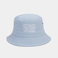 Close-up of white letter embroidery and metal eyelets on a light blue cotton bucket hat - One Size / Light Blue