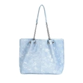 Ijsblauwe tote bag met zilveren kettingbanden en metalen studs in denim-look - Ijsblauw
