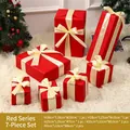 Red 7-piece Christmas gift box set with cream satin ribbons on white plush carpet - Red Series 7-Piece Set