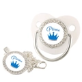 Detailed view of baby pacifier set with silver rhinestones and blue Prince crown design - White Prince (Silver Decor) (20)