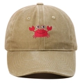 Khaki washed cotton baseball cap with red crab embroidery and curved brim design - One Size / Khaki