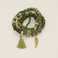 Bohemian multi-layer beaded bracelet set with green tassels and gold wing pendant - 3# Green