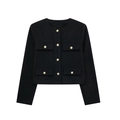 Détail d'une veste en tweed noire avec boutons dorés et quatre poches à rabat symétriques - Noir