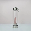 Transparent glass water bottle with pink hexagonal crystal point and stainless steel cap - Rose Quartz Bottle