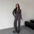 Dark grey knitted two-piece set with a button-down cardigan and wide-leg lounge pants - S / Gray