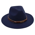 Close-up of navy blue wool fedora with ethnic beaded band and gold feather charm - Navy Blue (Gold Feather)