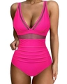 One-piece swimsuit in vibrant rose pink with V-neckline and sheer mesh patchwork - Rose Red