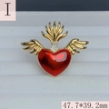 Macro shot of red heart brooch with golden wings and zircon details, 47.7 by 39.2 mm size - Hollow Winged Sacred Heart Style (I)