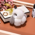 Cute fluffy rabbit plush keychain with soft faux fur and golden metal spring clasp hook - 8cm / White and Grey