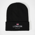 Bonnet noir en tricot London England avec drapeau Union Jack brodé pour la chaleur hivernale - Noir