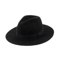Classic black wool felt fedora with wide brim and ribbon trim on white background - Black