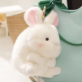Cute white plush bunny keychain with pink ears and gold ring on a textured bag - White Rabbit