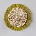 Bohemian round woven wall decor featuring natural straw and yellow-green fringe tassels - Yellow-Green Tassel Mat (26cm)