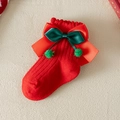 Red Christmas knit sock for girls with festive green velvet bow and plush pom-poms - S (1-3 Years) / Red-Bicolor Bow