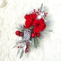 Detail of Christmas staircase swag with red velvet bow, pinecones and snowy pine branches - OPP Bag / Non-Glowing / Red